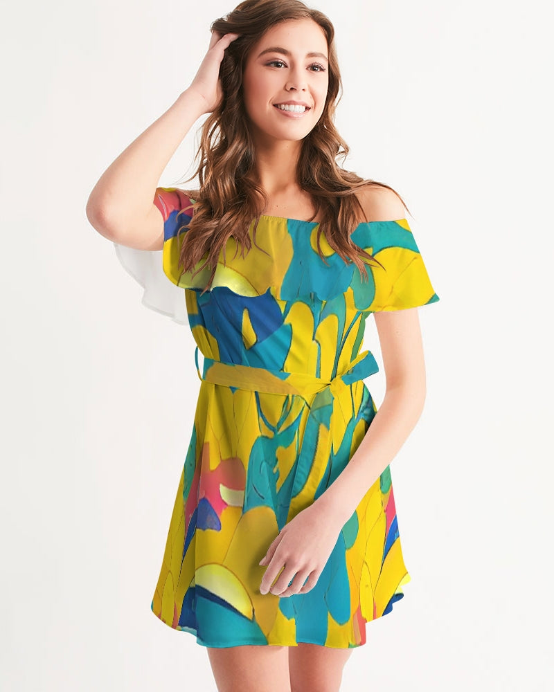 Beautiful yellow and blue hint of red pattern Women's Off-Shoulder Dress