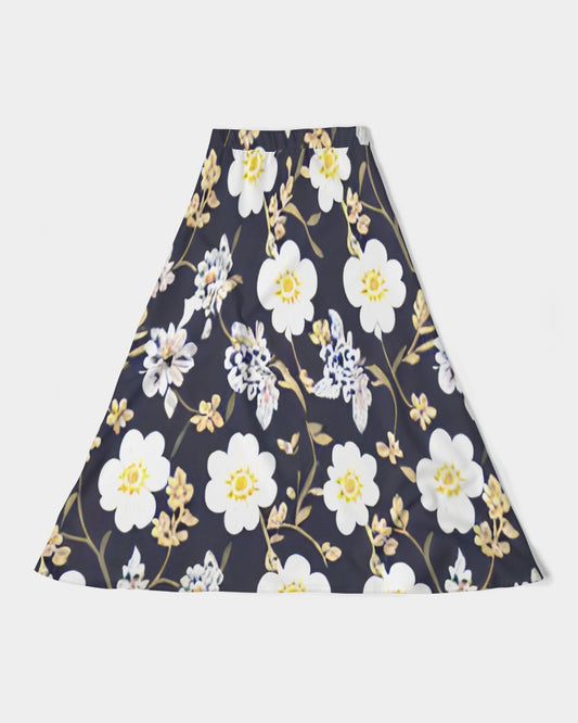 Pink flower black background Women's All-Over Print A-Line Midi Skirt