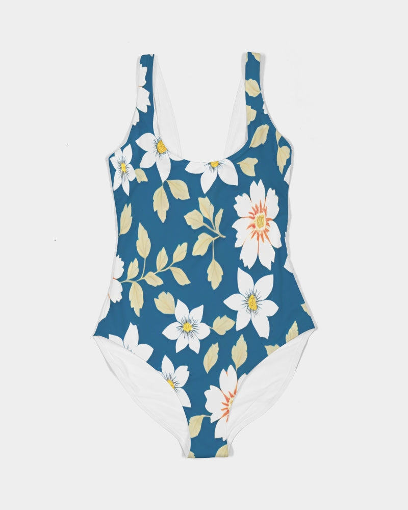 Dark blue background and white flower pattern Women's All-Over Print One-Piece Swimsuit