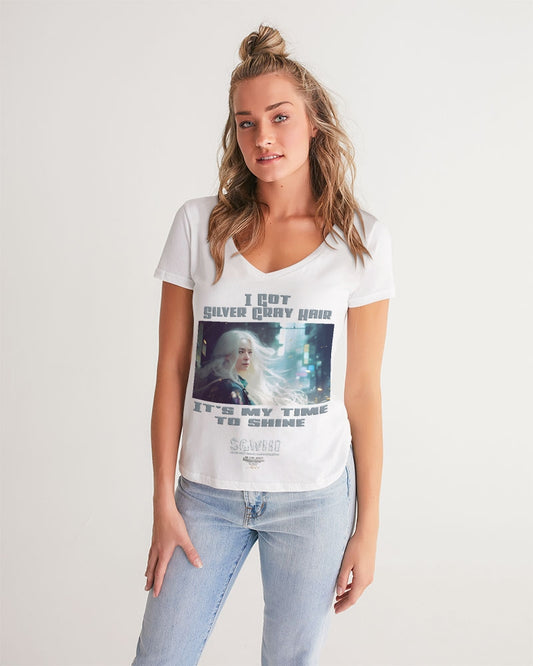 Beautiful white woman my time to shine Women's All-Over Print V-Neck Tee