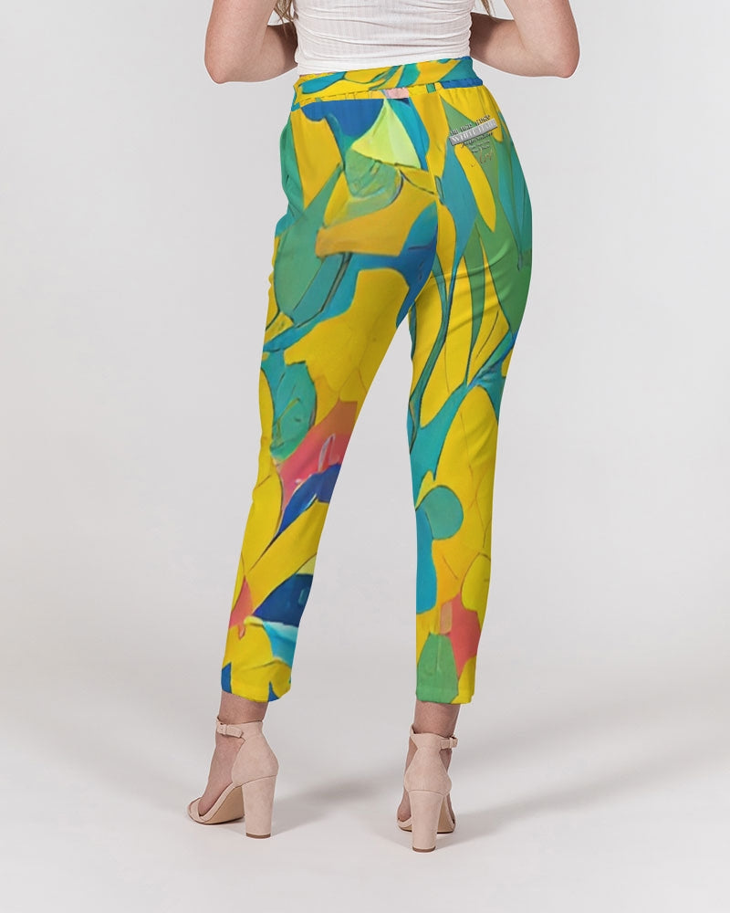 Beautiful yellow and blue hint of red pattern Women's Belted Tapered Pants