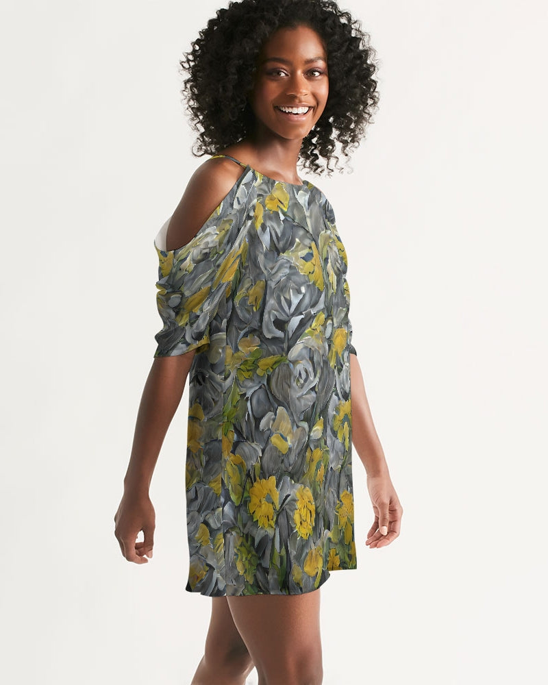 Orange and yellow and grey abstract design of Roses Women's Open Shoulder A-Line Dress