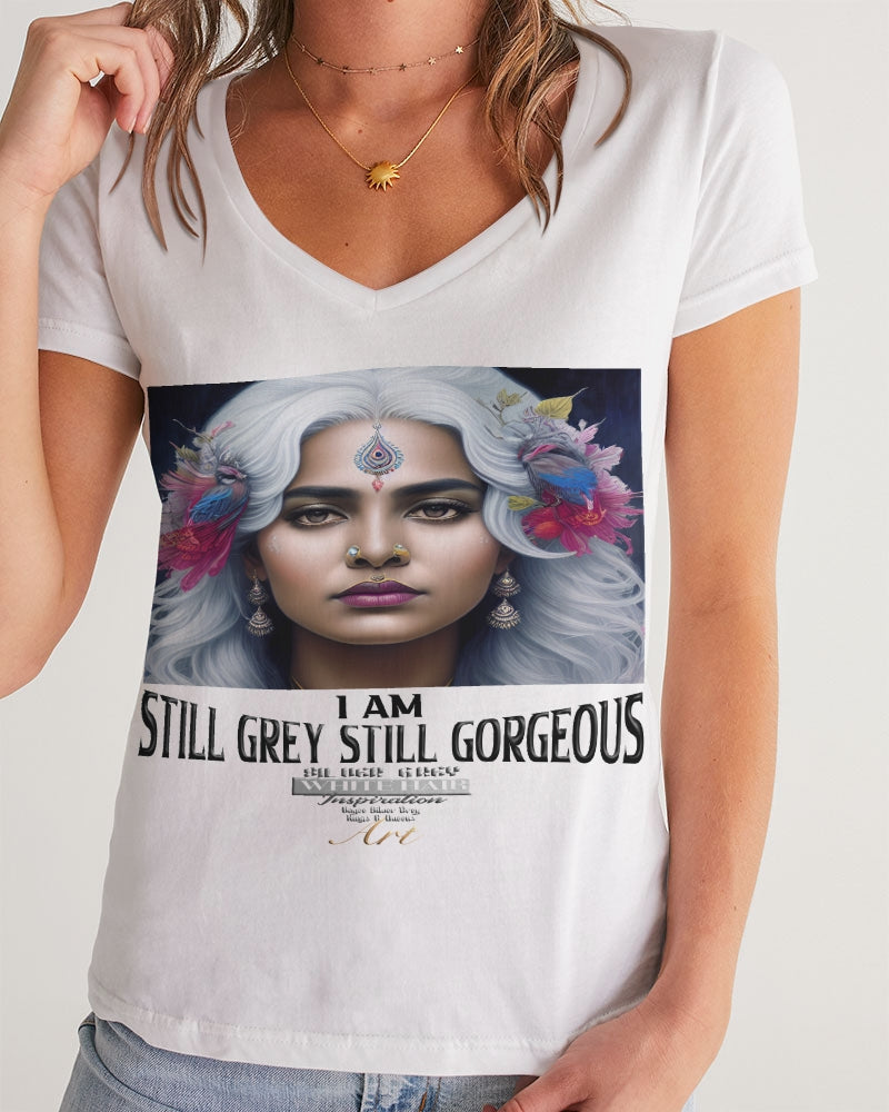 Promoting Indian women with silver grey hair Women's V-Neck Tee