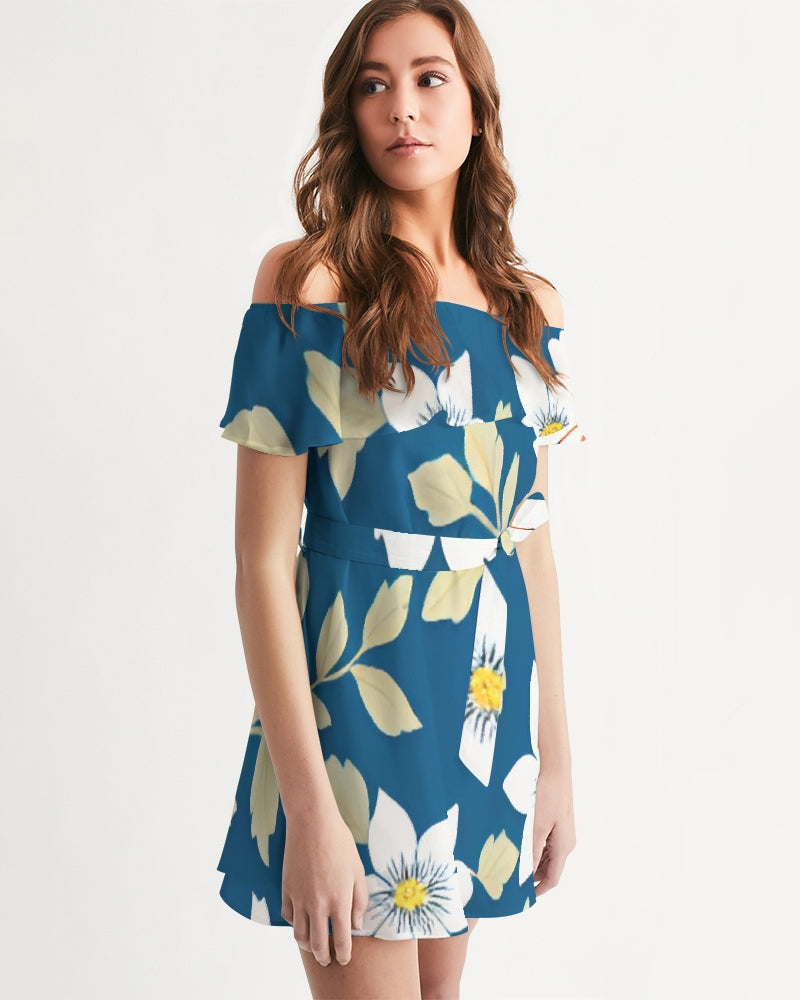 Dark blue background and white flower pattern Women's All-Over Print Off-Shoulder Dress