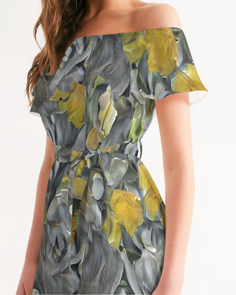 Orange and yellow and grey abstract design of Roses Women's Off-Shoulder Dress