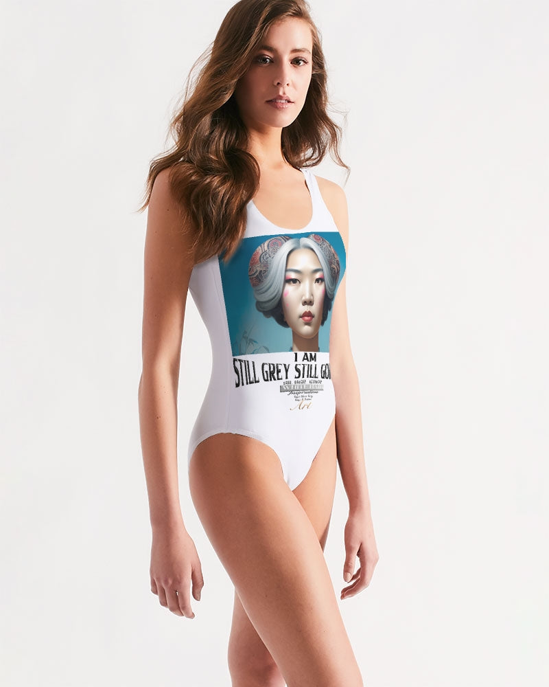 Promoting Asian women with silver grey Women's One-Piece Swimsuit