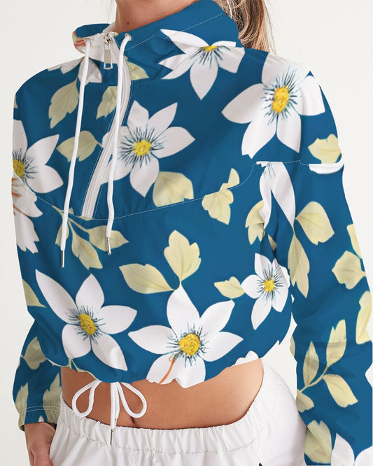 Dark blue background and white flower pattern Women's All-Over Print Cropped Windbreaker