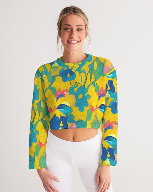 Beautiful yellow and blue hint of red pattern Women's Cropped Sweatshirt