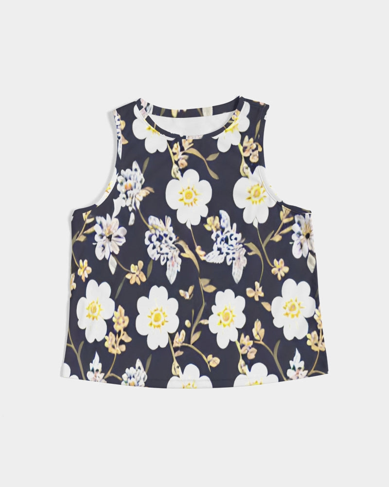 Pink flower black background Women's All-Over Print Cropped Tank