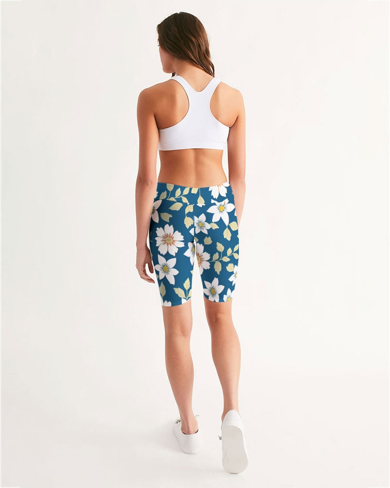 Dark blue background and white flower pattern Women's All-Over Print Mid-Rise Bike Shorts