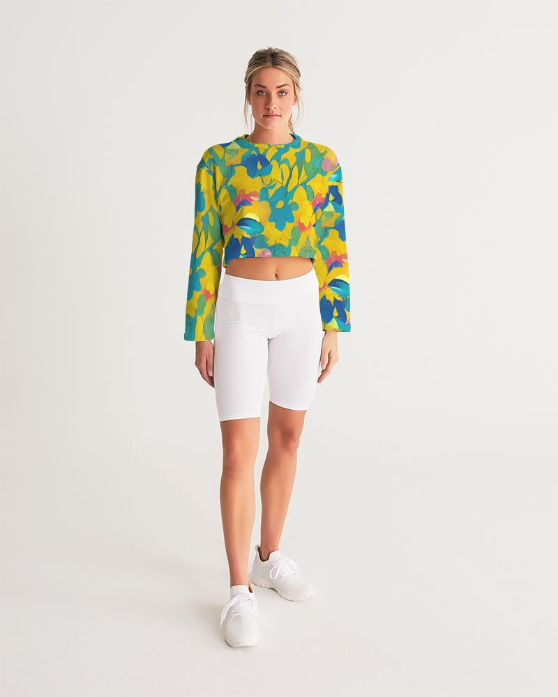 Beautiful yellow and blue hint of red pattern Women's Cropped Sweatshirt