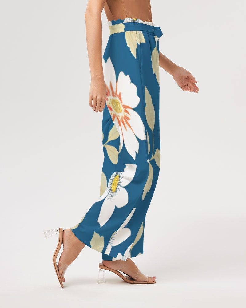 Dark blue background and white flower pattern Women's All-Over Print High-Rise Wide Leg Pants