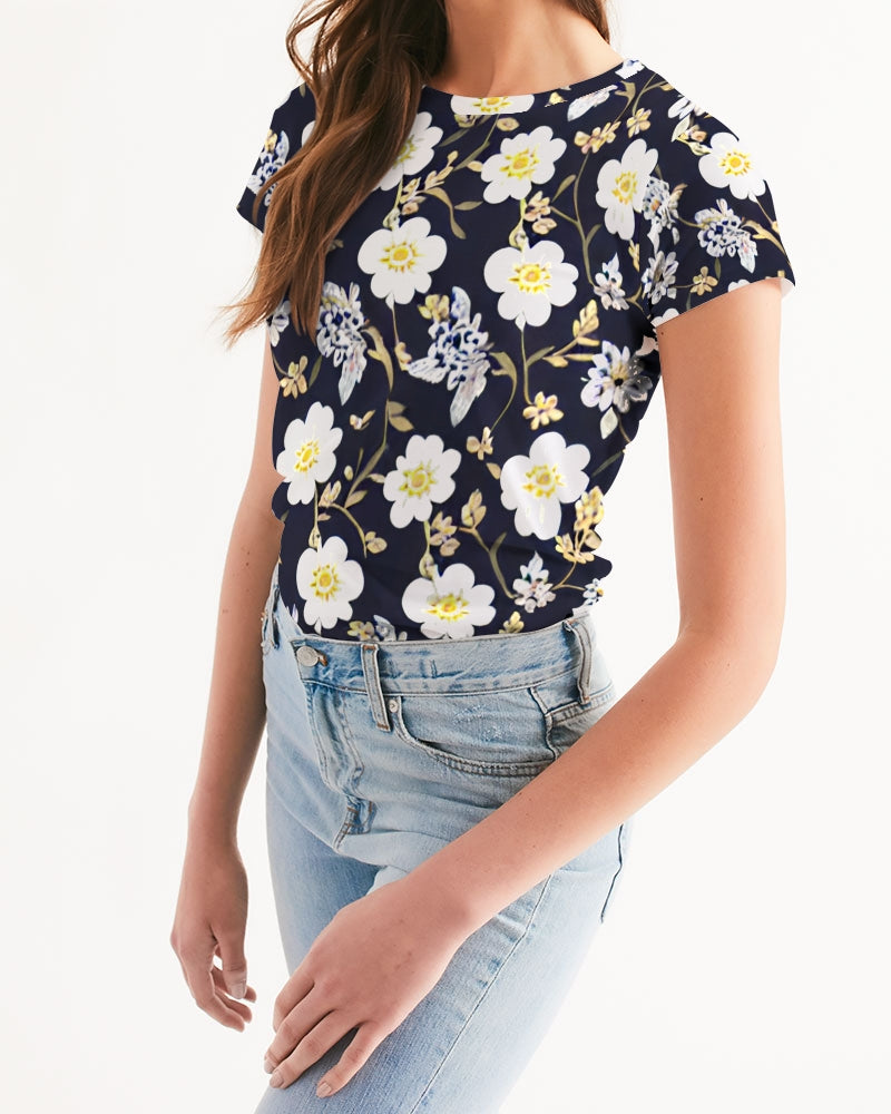 Pink flower black background Women's All-Over Print Tee