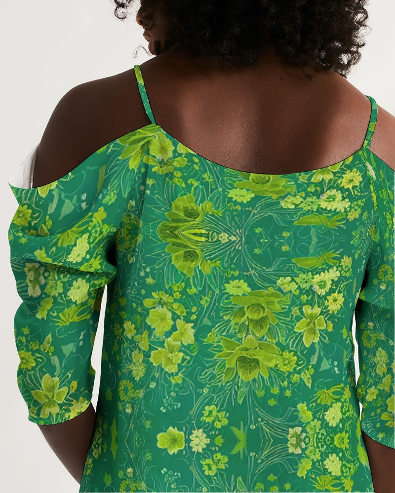 Green lush Repeat pattern Women's Open Shoulder A-Line Dress