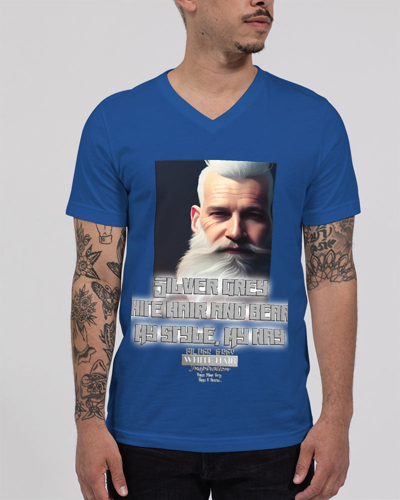 Silver Grey white hair and beard, my style my way Unisex Jersey V-Neck Tee | Bella + Canvas