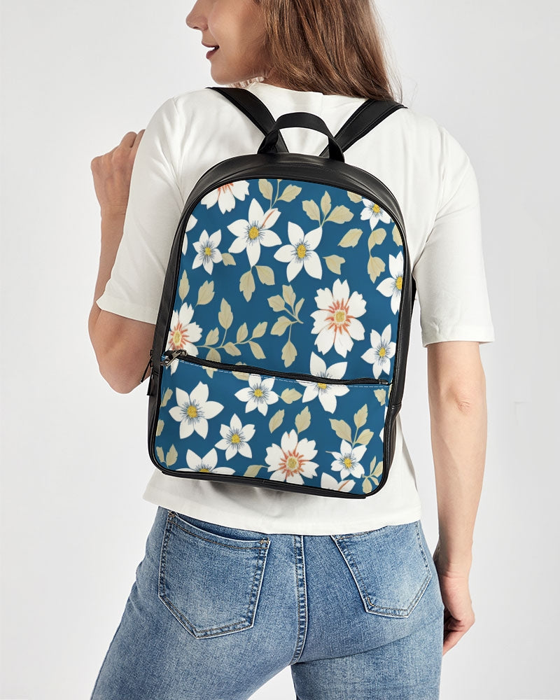 Dark blue background and white flower pattern Classic Faux Leather Backpack