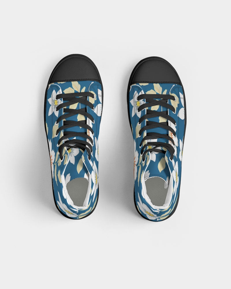 Dark blue background and white flower pattern Women's Hightop Canvas Shoe - Black