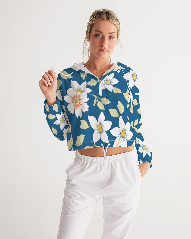 Dark blue background and white flower pattern Women's All-Over Print Cropped Windbreaker