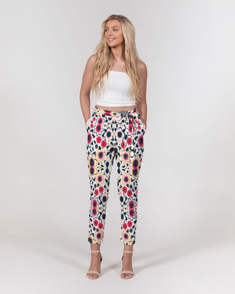 Abstract flower pattern Women's All-Over Print Belted Tapered Pants