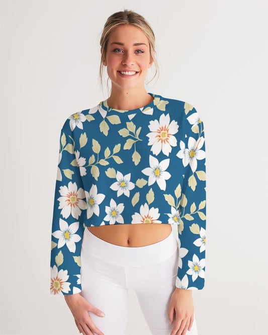 Dark blue background and white flower pattern Women's All-Over Print Cropped Sweatshirt