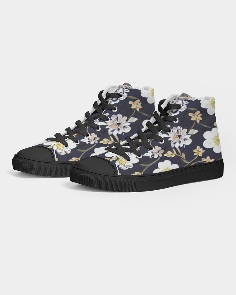 Pink flower black background Women's Hightop Canvas Shoe - Black