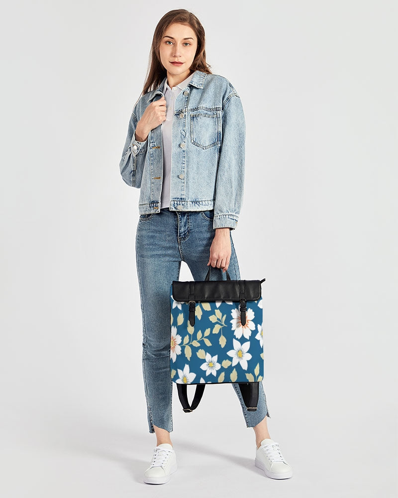 Dark blue background and white flower pattern Casual Flap Backpack