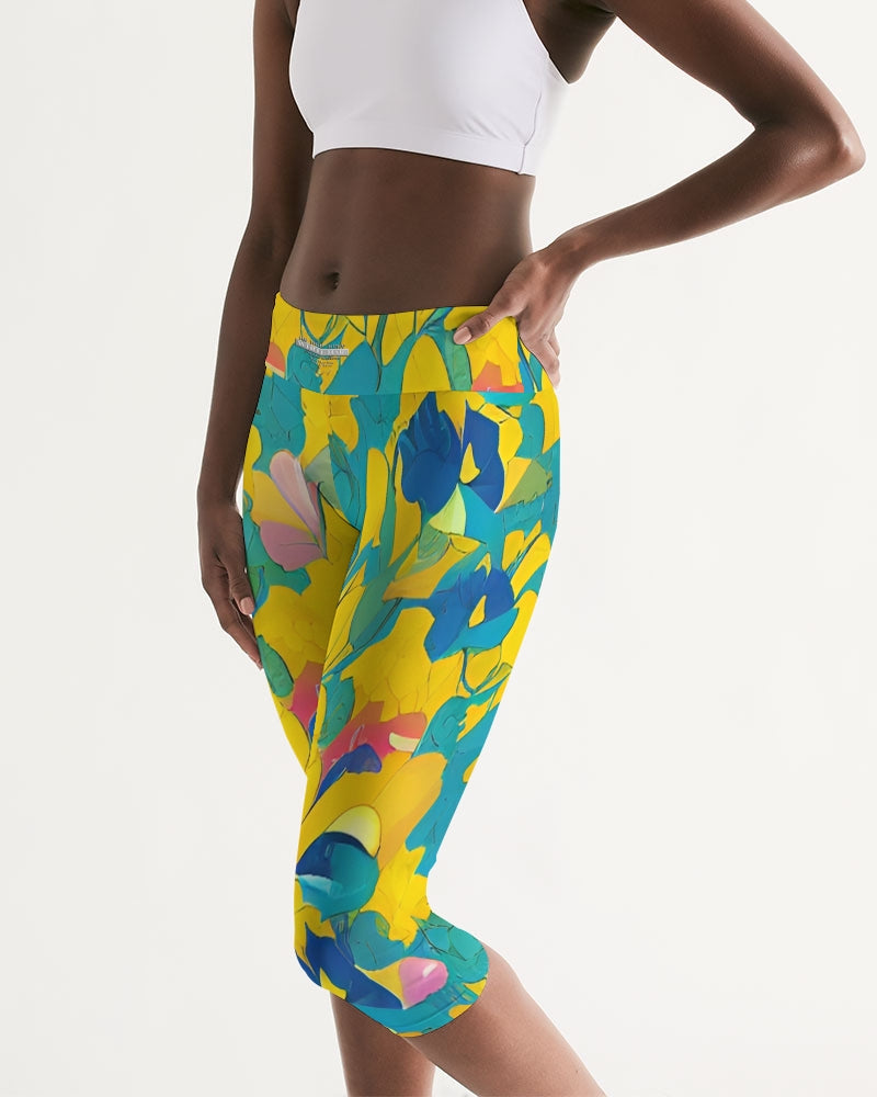 Beautiful yellow and blue hint of red pattern Women's Mid-Rise Capri