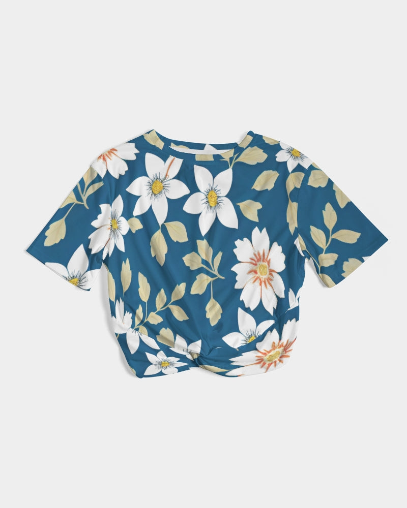 Dark blue background and white flower pattern Women's All-Over Print Twist-Front Cropped Tee