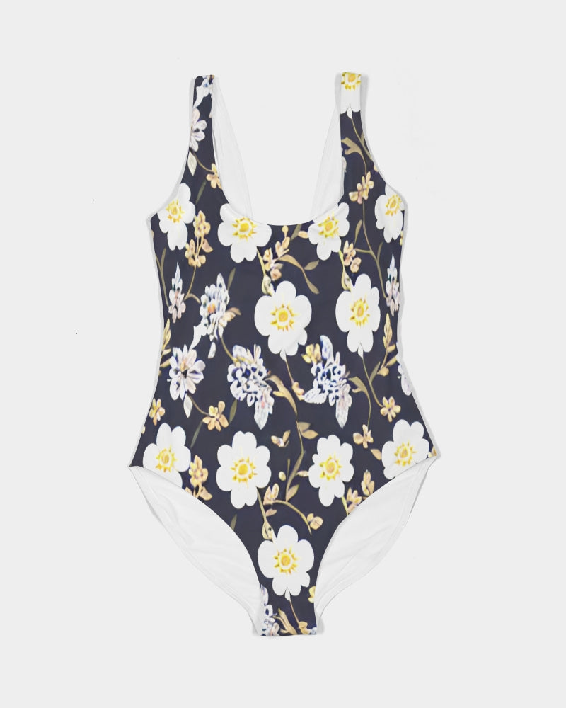 Pink flower black background Women's All-Over Print One-Piece Swimsuit