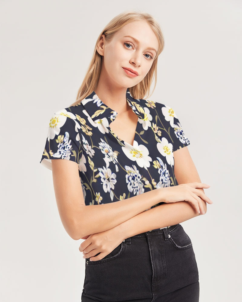 Pink flower black background Women's All-Over Print Short Sleeve Button Up