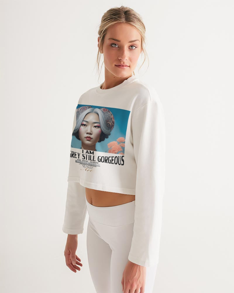 Promoting Asian women with silver grey Women's Cropped Sweatshirt