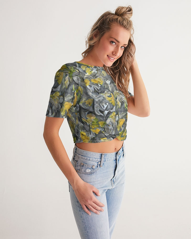 Orange and yellow and grey abstract design of Roses Women's Twist-Front Cropped Tee