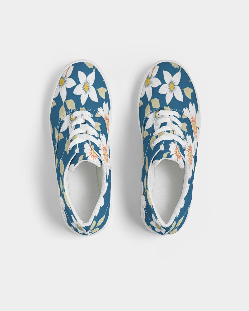 Dark blue background and white flower pattern Women's Lace Up Canvas Shoe