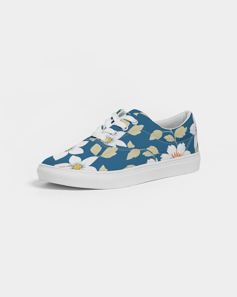 Dark blue background and white flower pattern Women's Lace Up Canvas Shoe