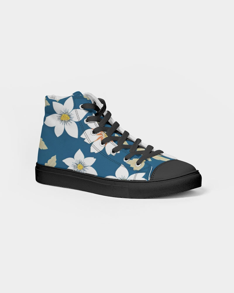 Dark blue background and white flower pattern Women's Hightop Canvas Shoe - Black