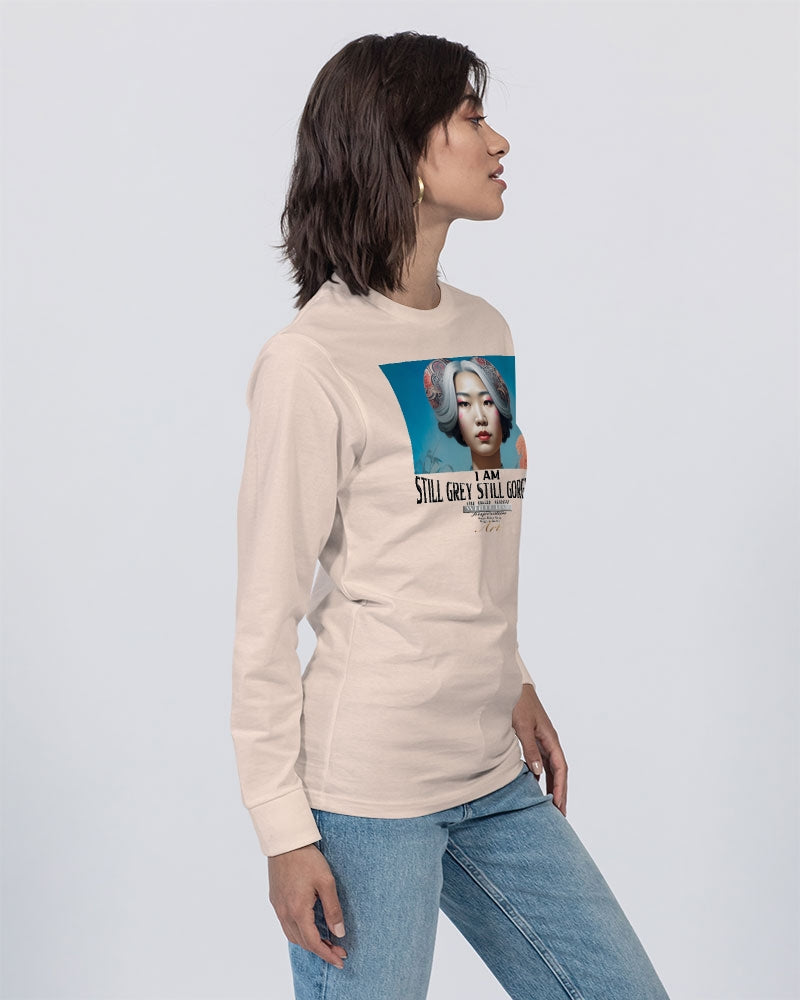 Promoting Asian women with silver grey Unisex Long Sleeve Tee | Lane Seven