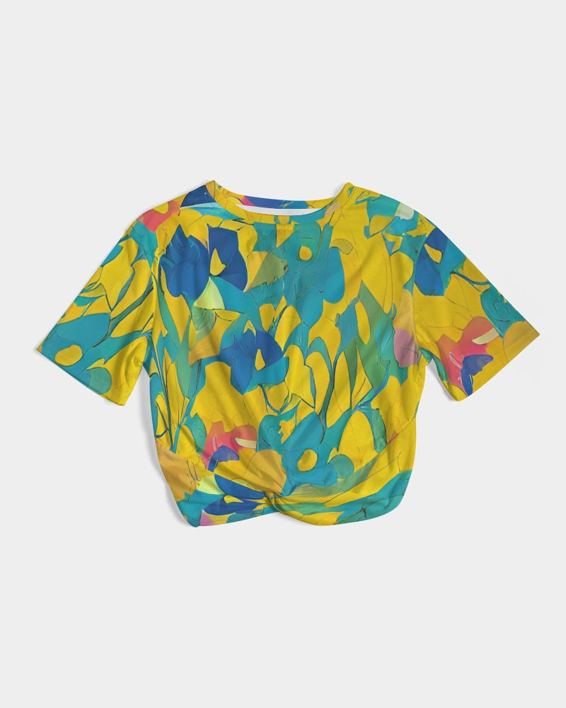 Beautiful yellow and blue hint of red pattern Women's Twist-Front Cropped Tee