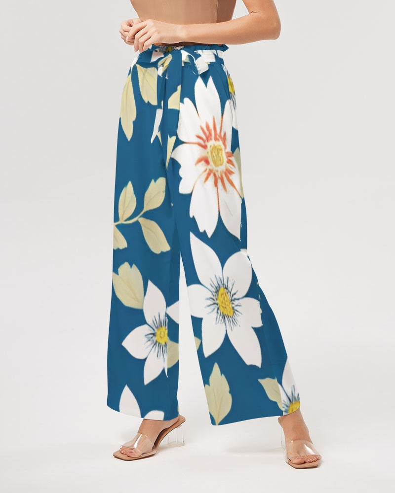 Dark blue background and white flower pattern Women's All-Over Print High-Rise Wide Leg Pants