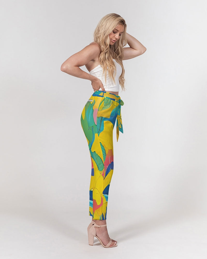 Beautiful yellow and blue hint of red pattern Women's Belted Tapered Pants