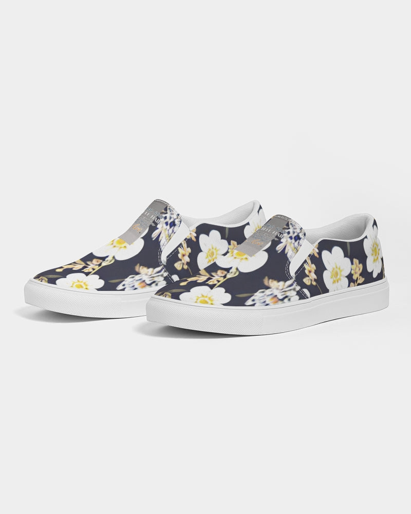 Pink flower black background Women's Slip-On Canvas Shoe