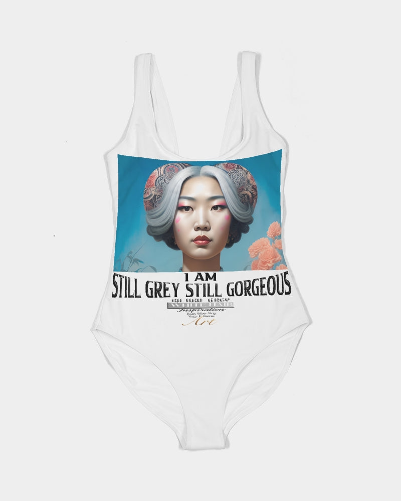 Promoting Asian women with silver grey Women's One-Piece Swimsuit