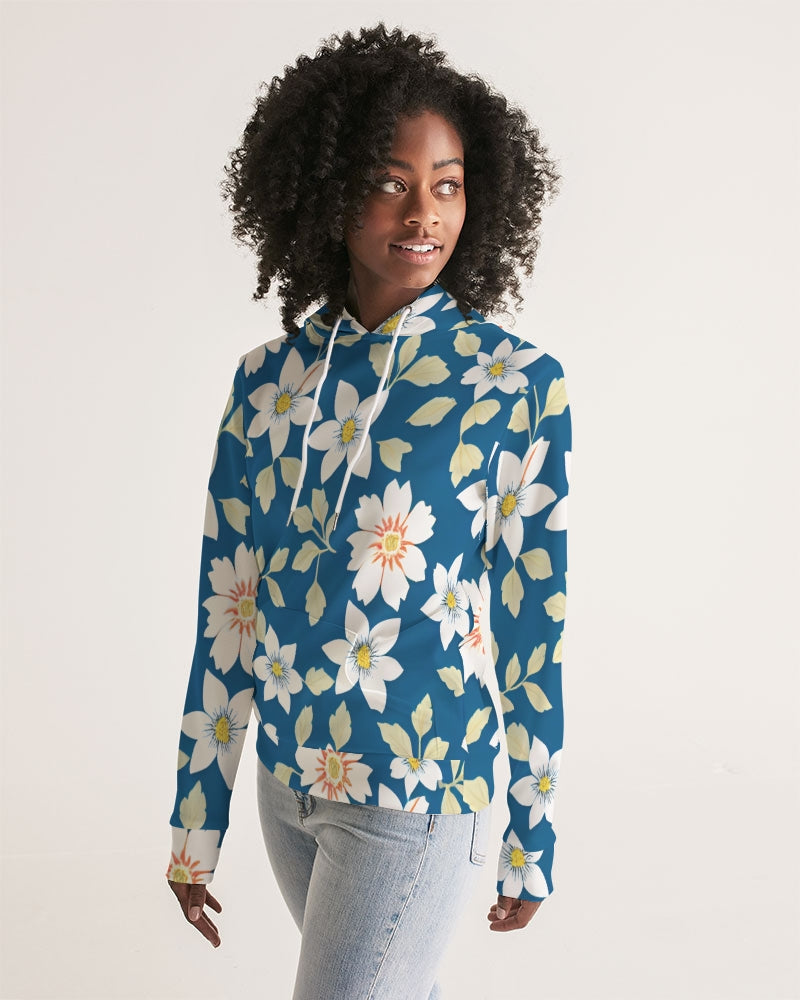 Dark blue background and white flower pattern Women's All-Over Print Hoodie