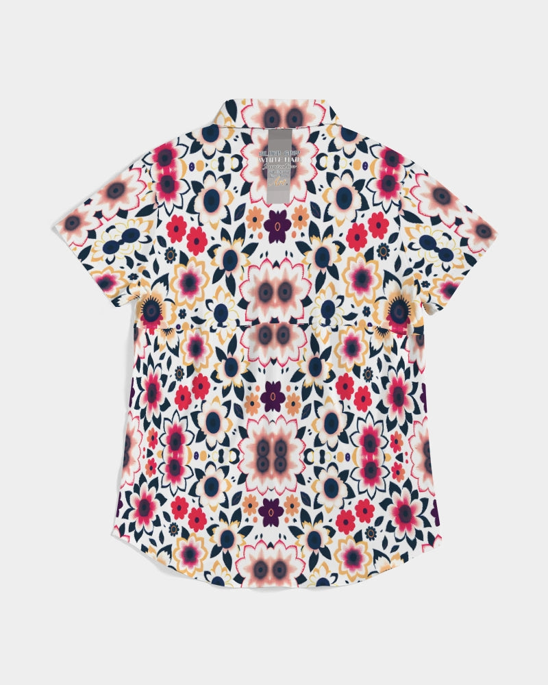 Abstract flower pattern Women's All-Over Print Short Sleeve Button Up