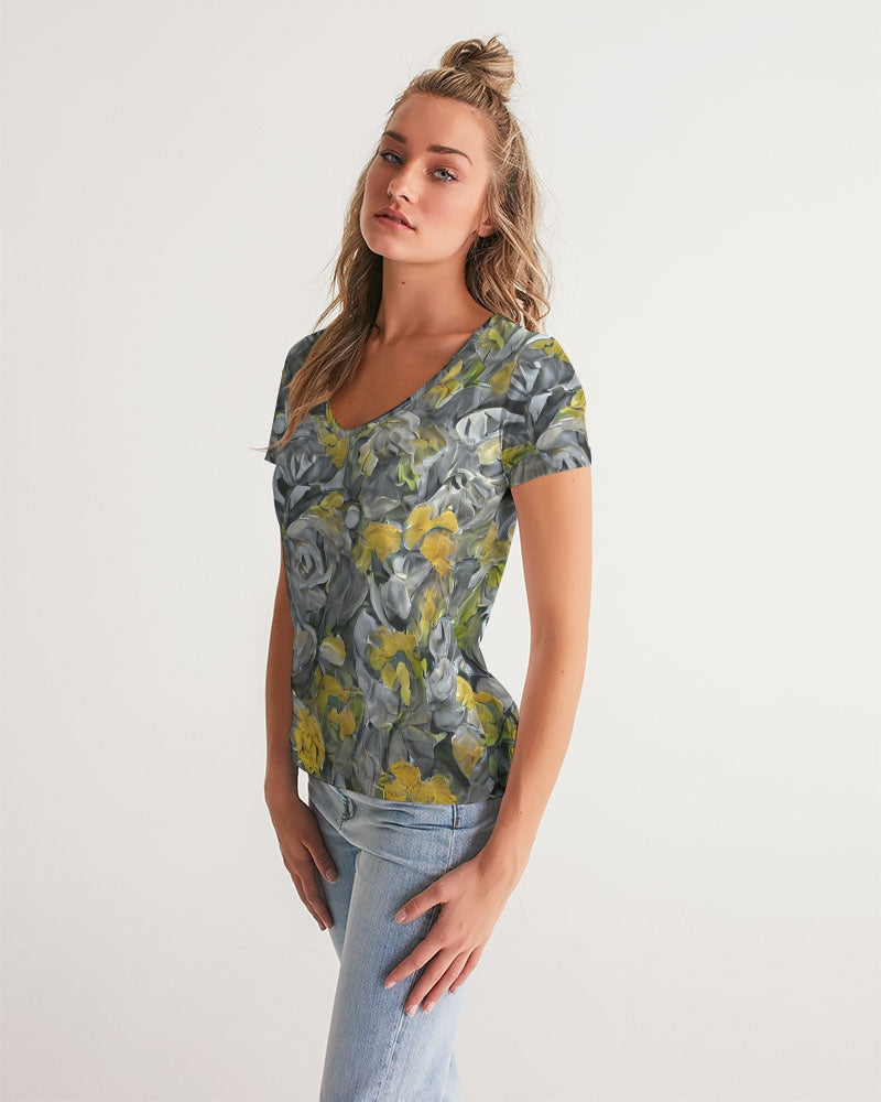 Orange and yellow and grey abstract design of Roses Women's V-Neck Tee