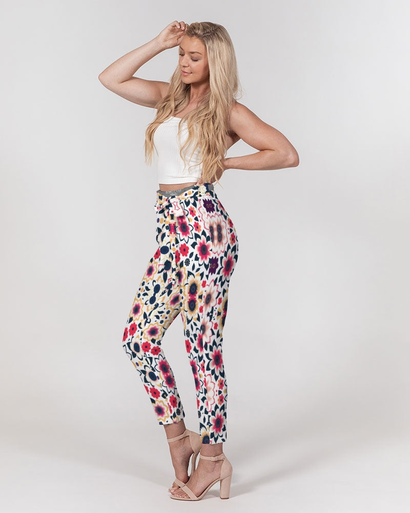 Abstract flower pattern Women's All-Over Print Belted Tapered Pants