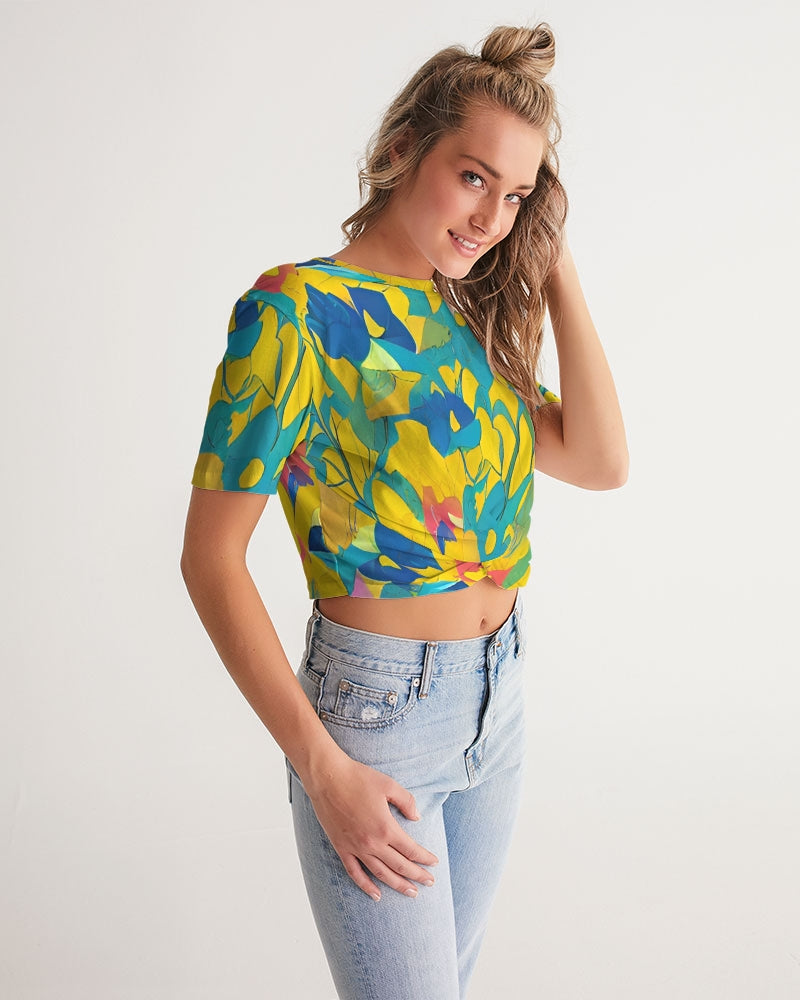 Beautiful yellow and blue hint of red pattern Women's Twist-Front Cropped Tee