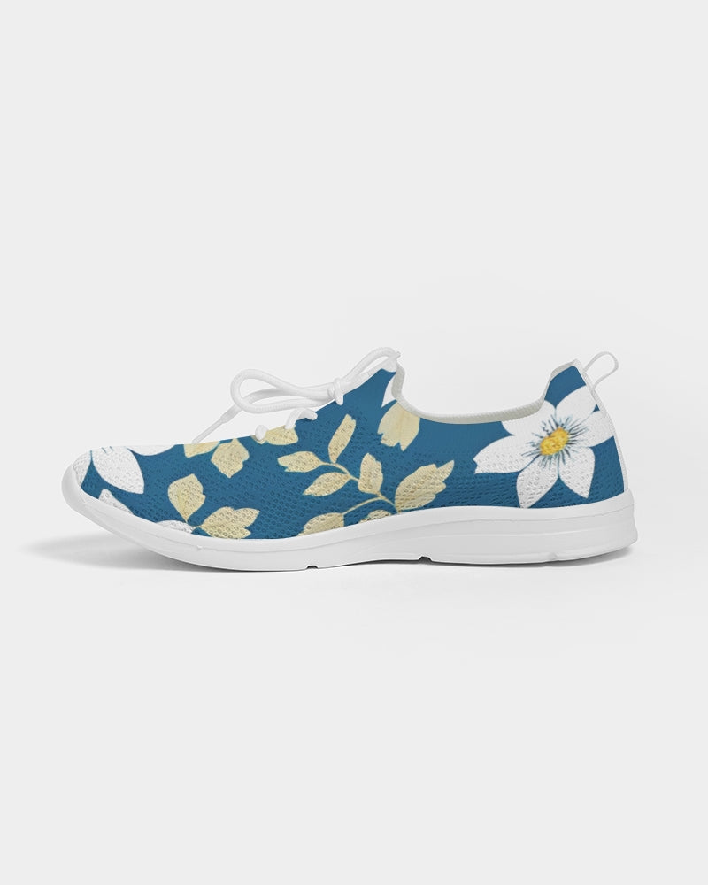 Dark blue background and white flower pattern Women's Lace Up Flyknit Shoe