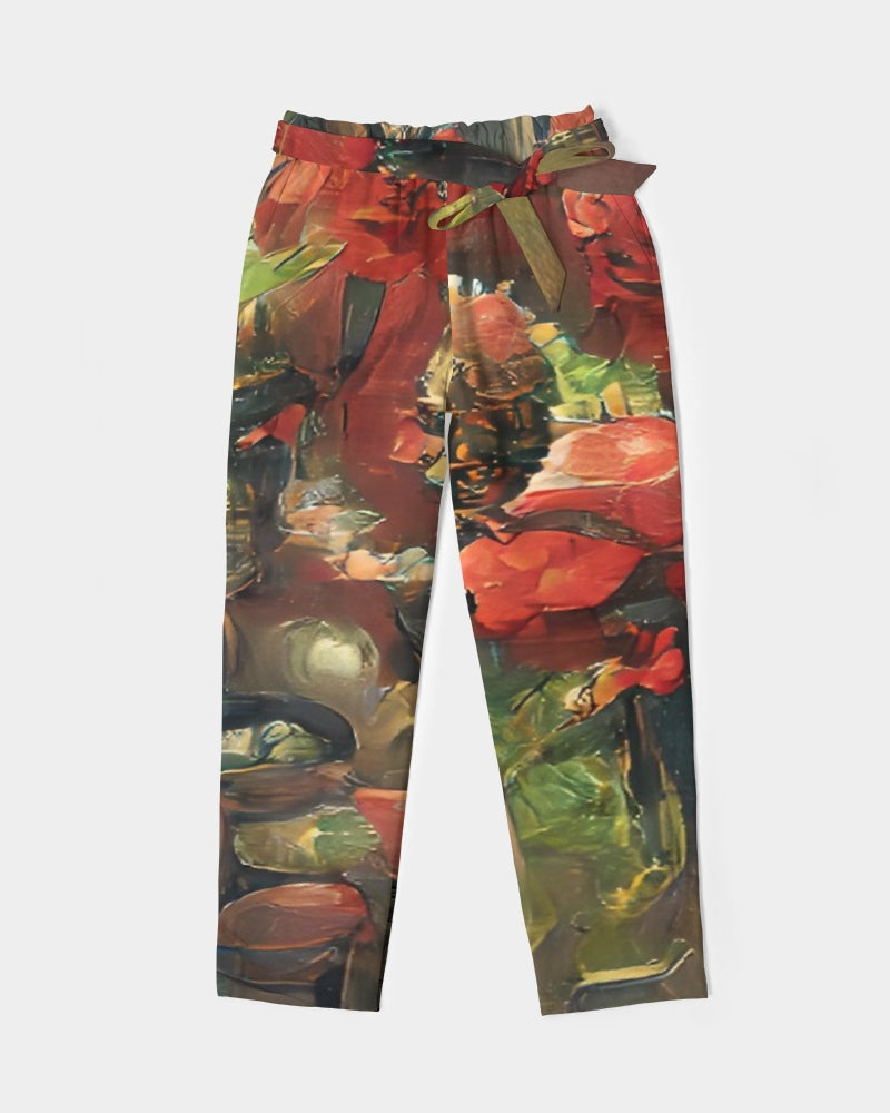 Abstract Rose design Women's Belted Tapered Pants