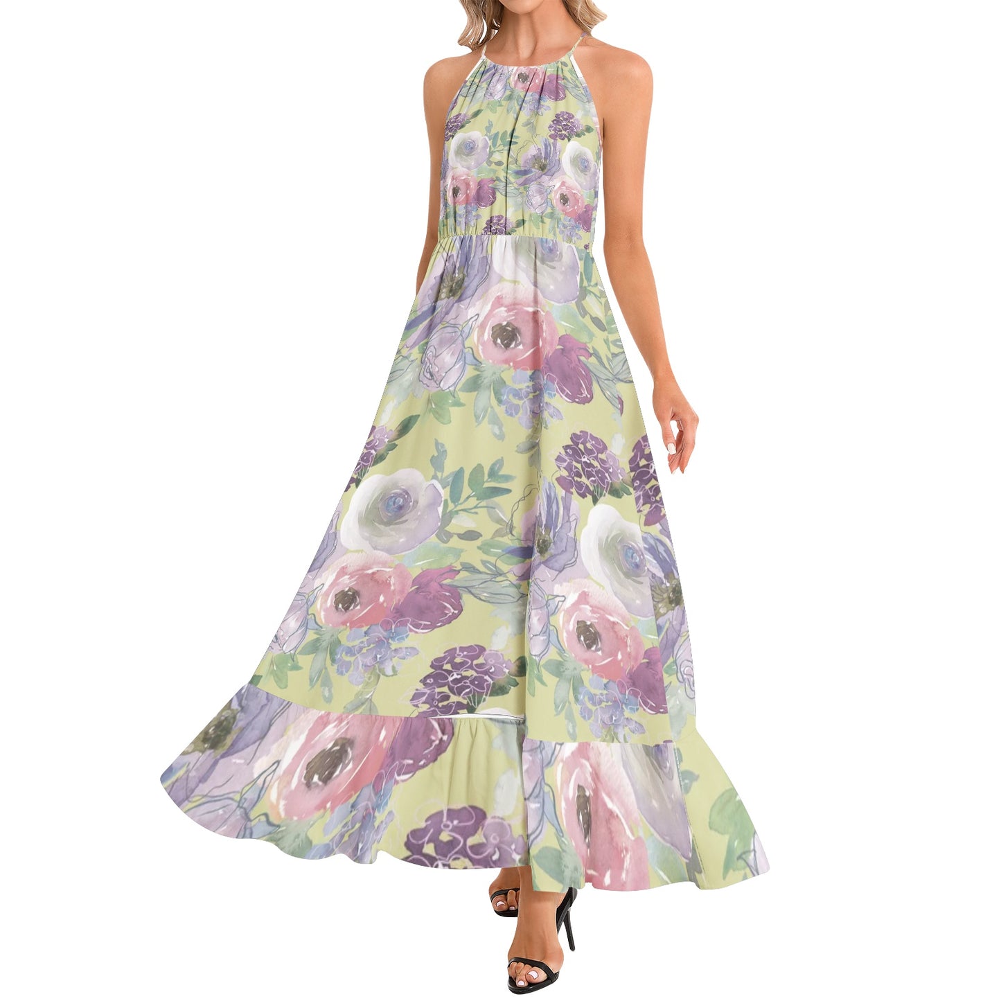 Ruffle Hem Halter Neck Maxi Dress