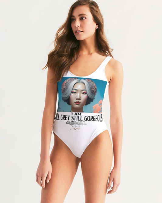 Promoting Asian women with silver grey Women's One-Piece Swimsuit